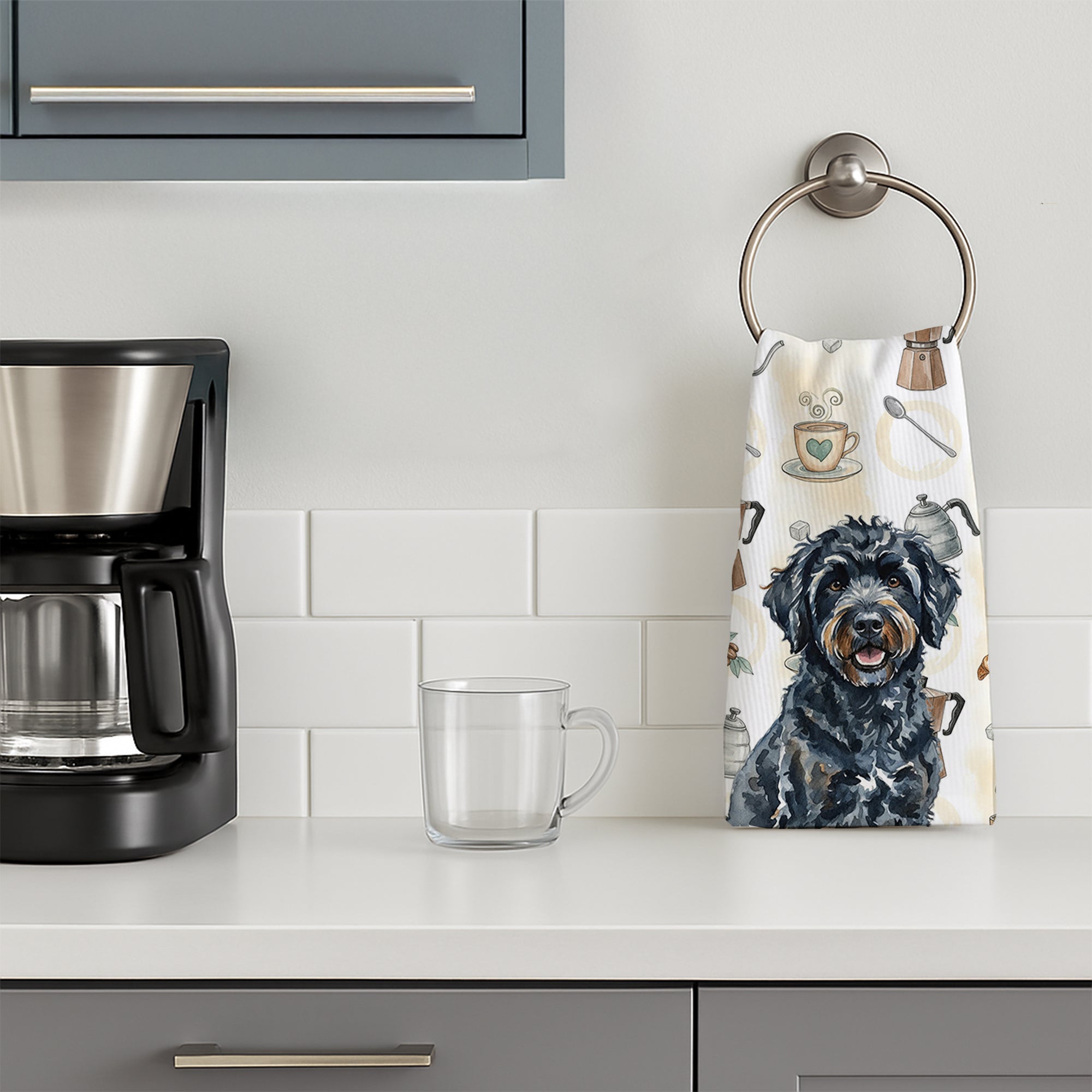 Black Portuguese Water Dog Coffee Bar Kitchen Towel Velour Plush Front and Cotton Loop Back Machine Washable