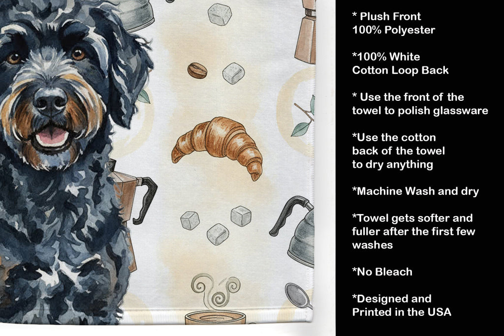 Black Portuguese Water Dog Coffee Bar Kitchen Towel Velour Plush Front and Cotton Loop Back Machine Washable
