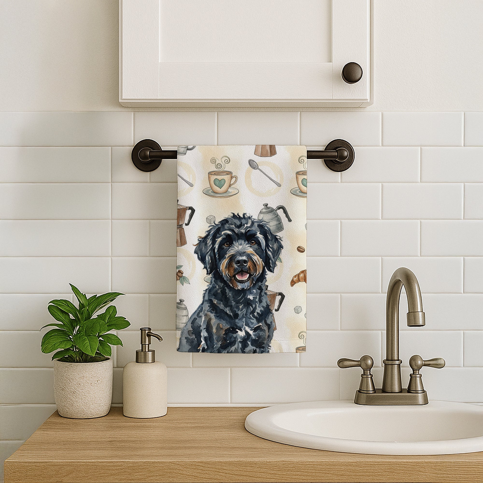 Black Portuguese Water Dog Coffee Bar Kitchen Towel Velour Plush Front and Cotton Loop Back Machine Washable