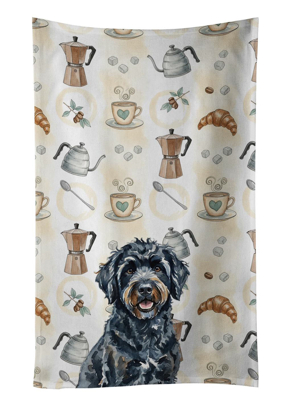 Black Portuguese Water Dog Coffee Bar Kitchen Towel Velour Plush Front and Cotton Loop Back Machine Washable