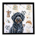 Black Portuguese Water Dog Coffee Bar Framed Metal Print Bathroom, Kitchen, Office, Home Decor Wall Art Ready to Hang, Square, 8X8