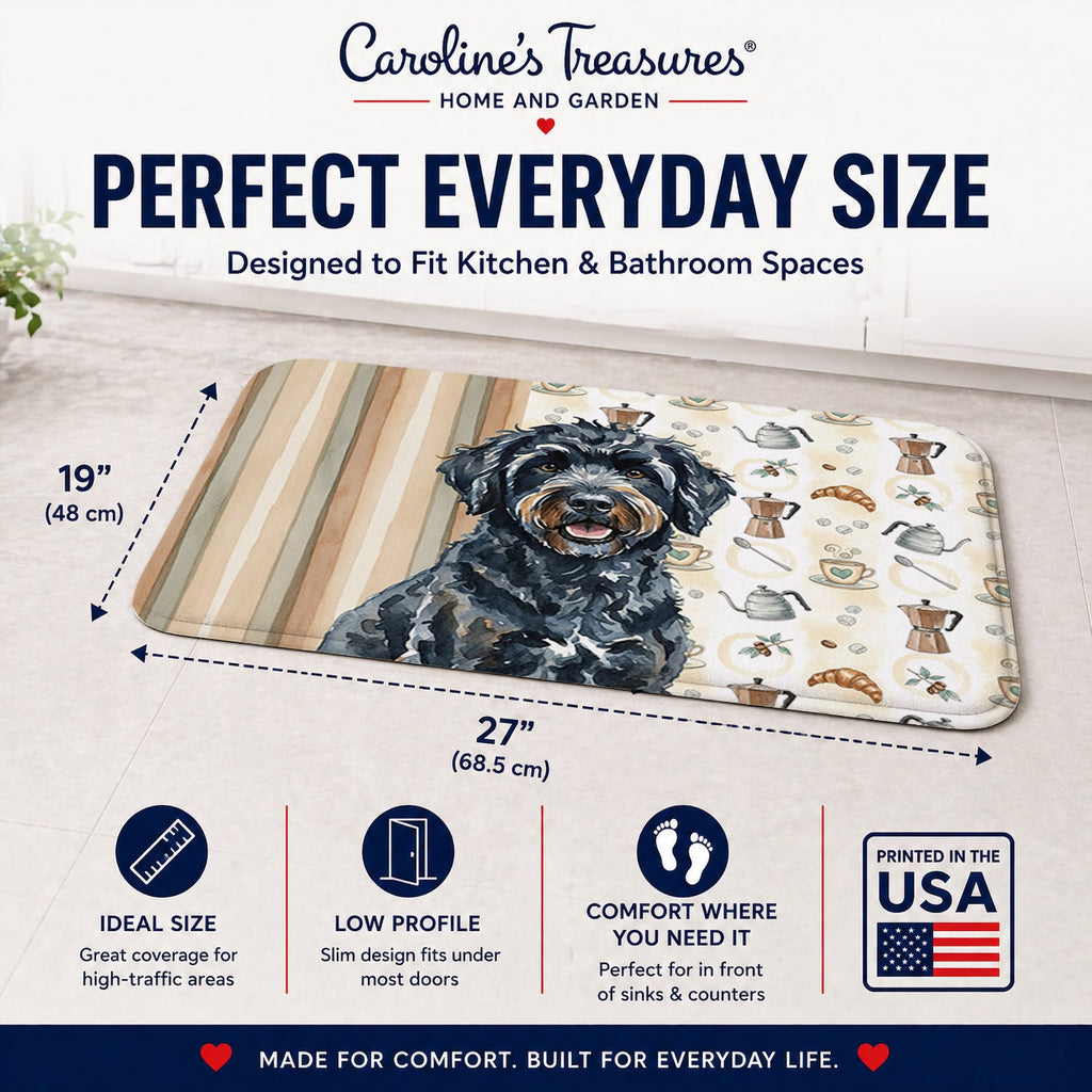 Black Portuguese Water Dog Coffee Bar Memory Foam Kitchen Mat Machine Washable Anti-Fatigue Cushion Comfort Bath or Kitchen Rug