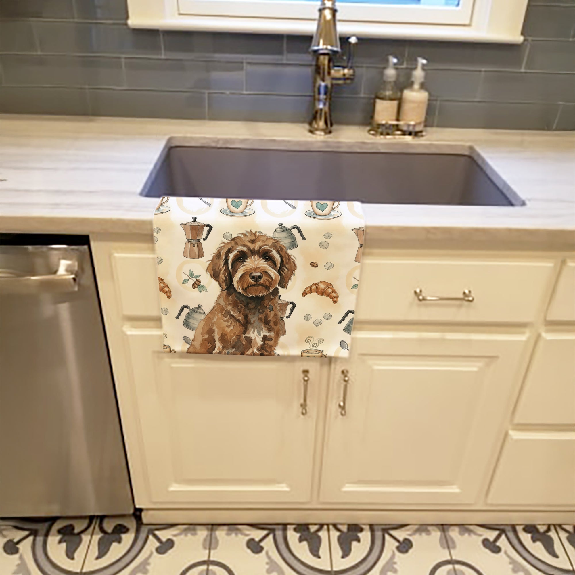 Brown Portuguese Water Dog Coffee Bar Kitchen Towel Velour Plush Front and Cotton Loop Back Machine Washable