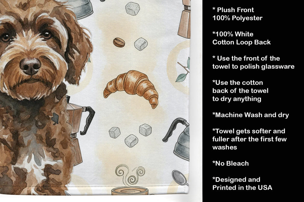 Brown Portuguese Water Dog Coffee Bar Kitchen Towel Velour Plush Front and Cotton Loop Back Machine Washable