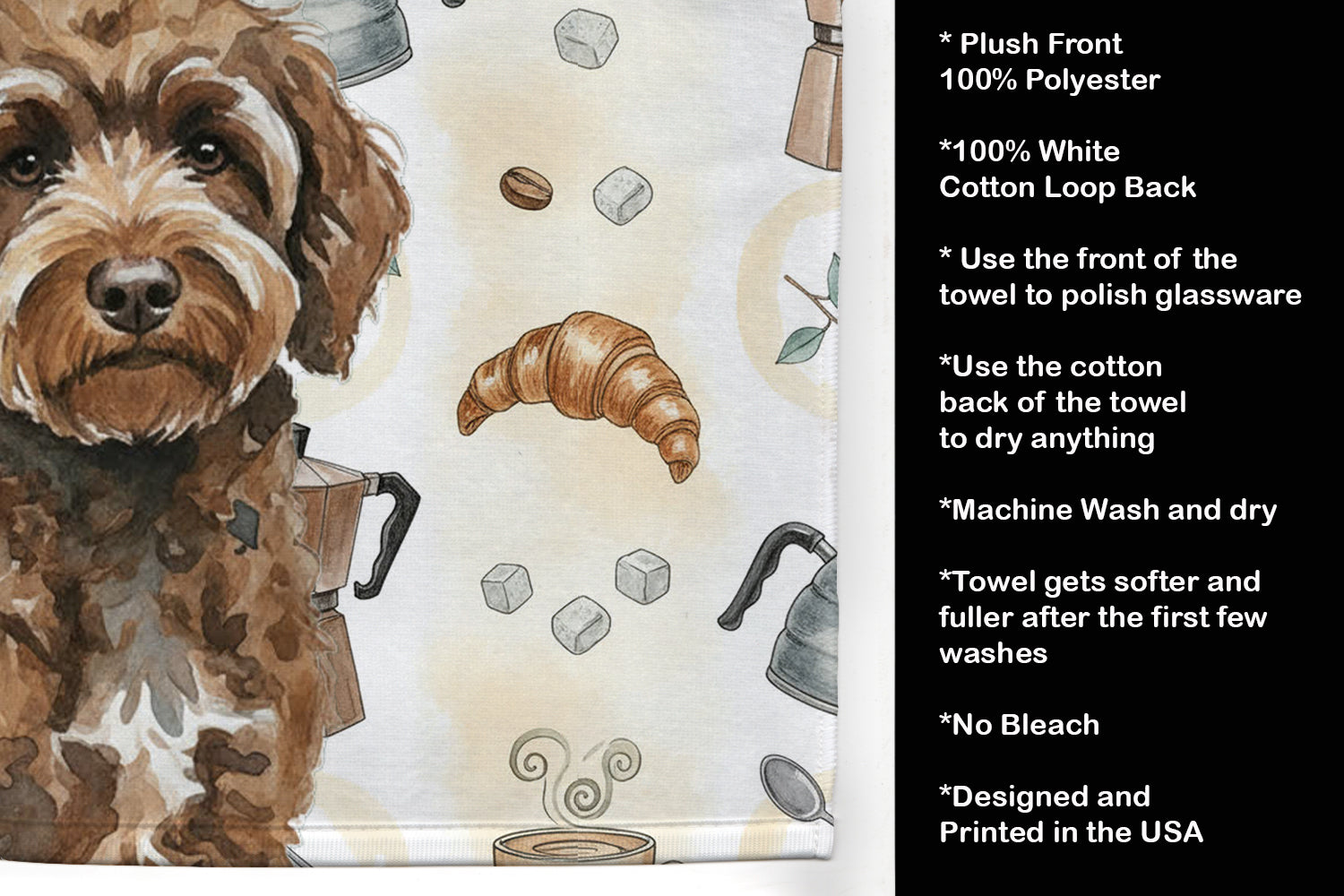 Brown Portuguese Water Dog Coffee Bar Kitchen Towel Velour Plush Front and Cotton Loop Back Machine Washable
