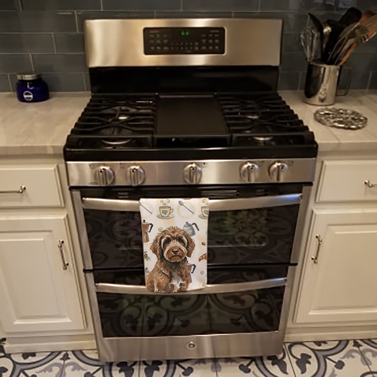 Brown Portuguese Water Dog Coffee Bar Kitchen Towel Velour Plush Front and Cotton Loop Back Machine Washable