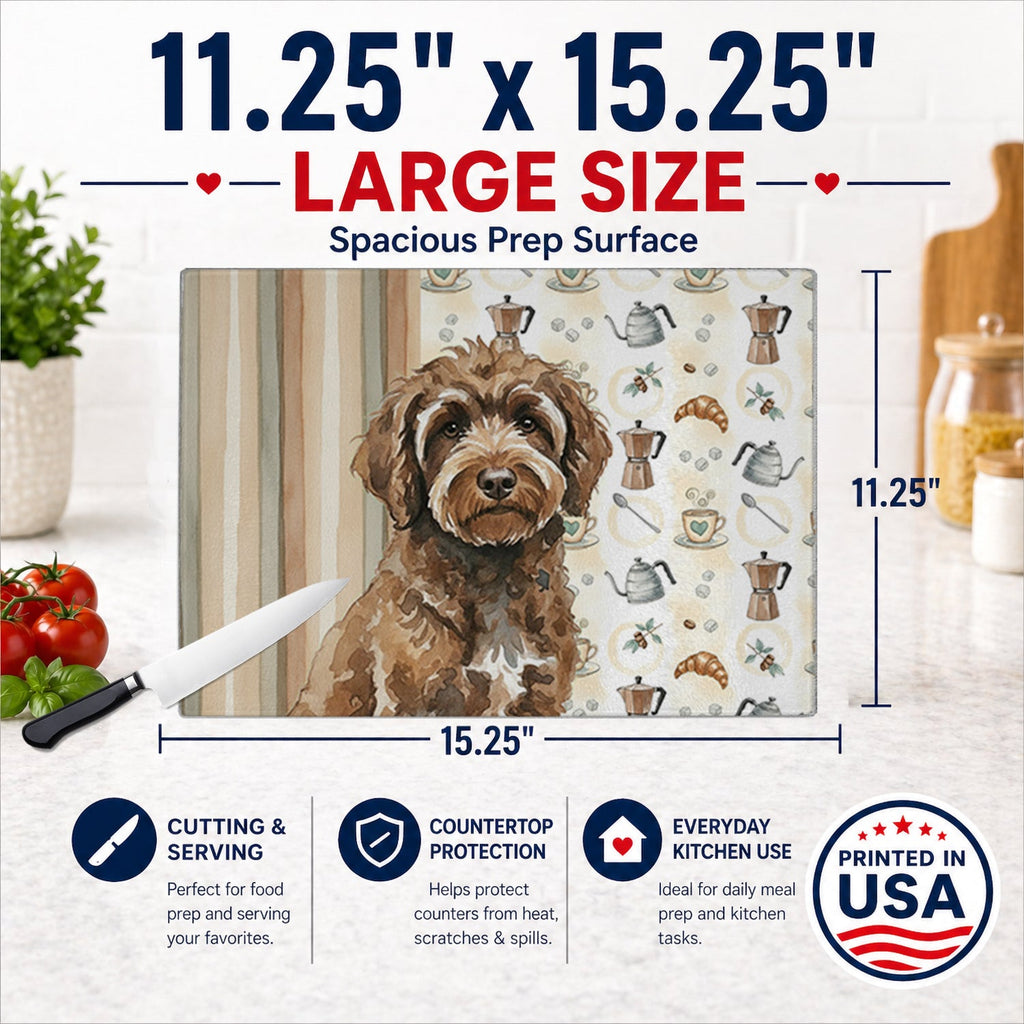 Brown Portuguese Water Dog Coffee Bar Cutting Board Tempered Glass Kitchen Cutting Surface, Heat Resistant Chopping, Non-Slip Feet, Food Prep & Serving