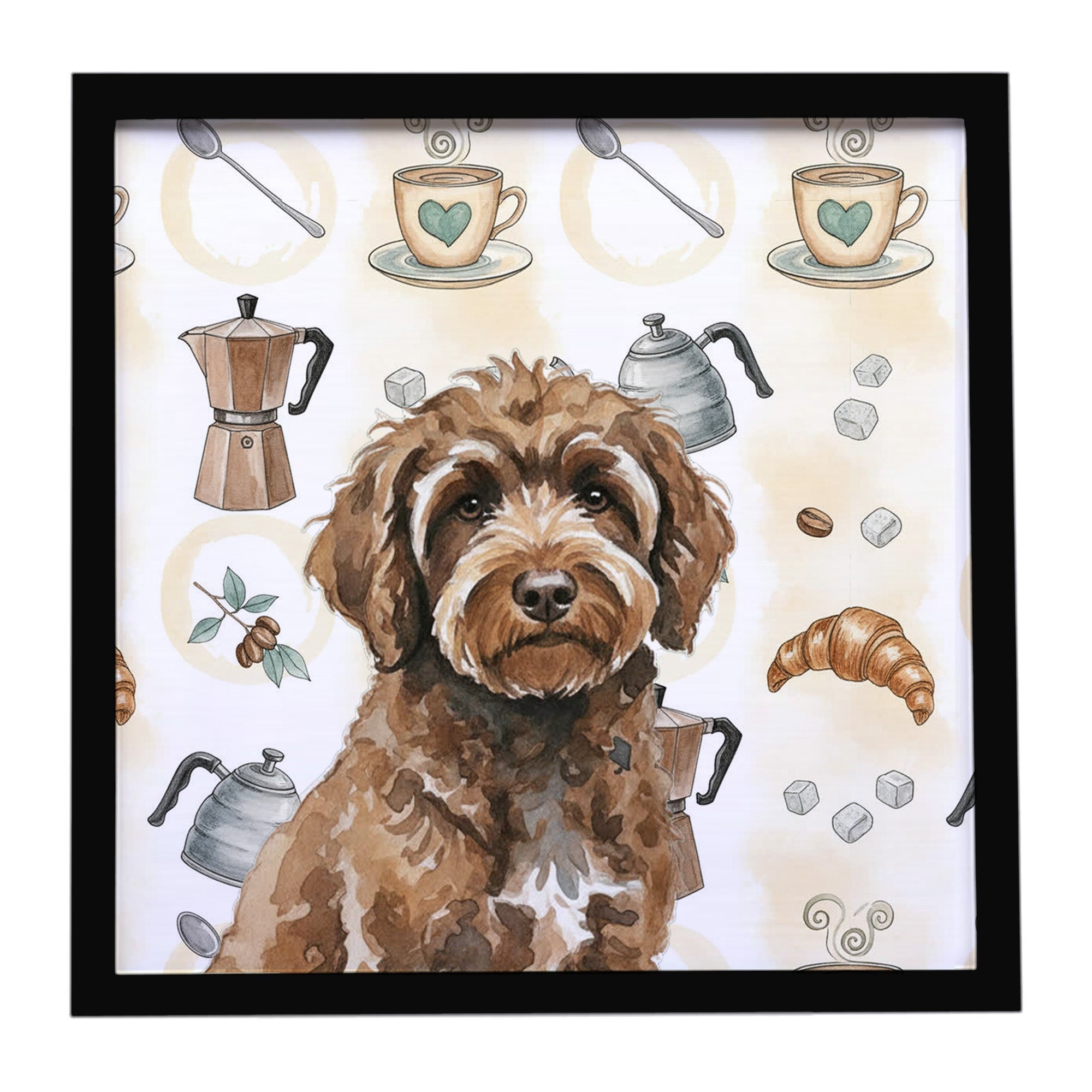 Brown Portuguese Water Dog Coffee Bar Framed Metal Print Bathroom, Kitchen, Office, Home Decor Wall Art Ready to Hang, Square, 8X8