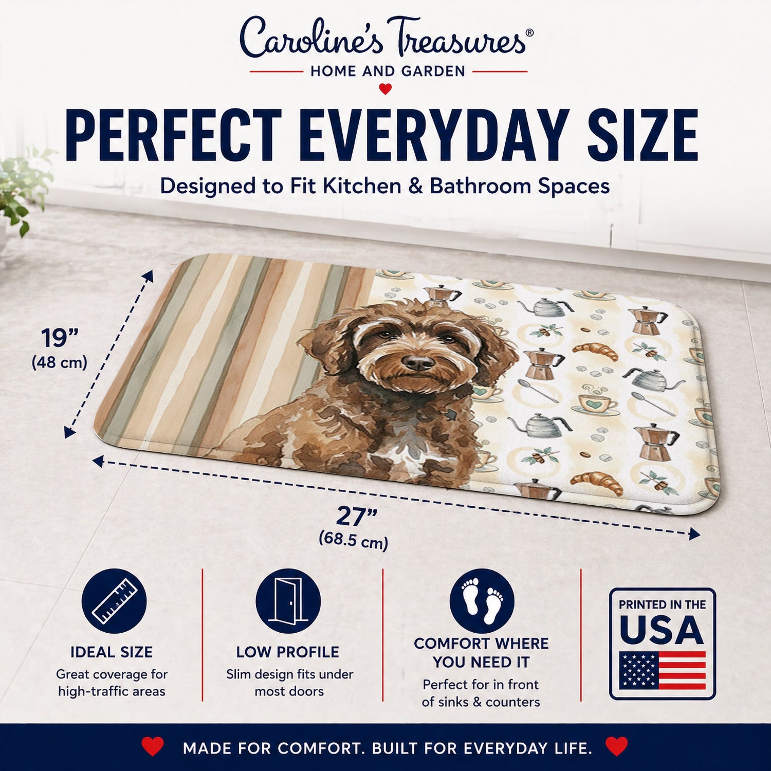 Brown Portuguese Water Dog Coffee Bar Memory Foam Kitchen Mat Machine Washable Anti-Fatigue Cushion Comfort Bath or Kitchen Rug