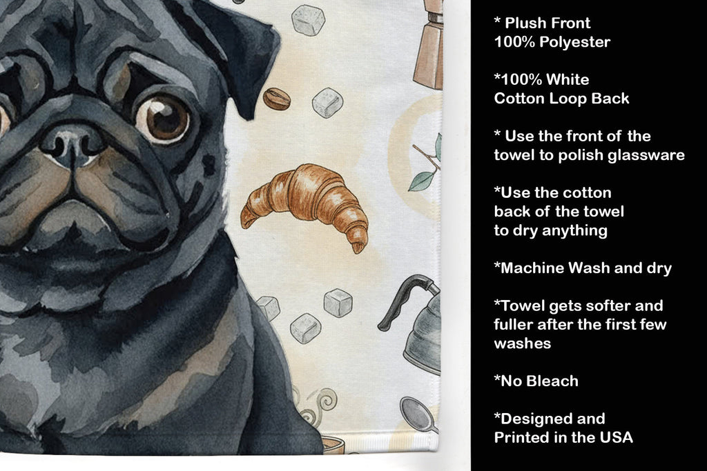 Black Pug Coffee Bar Kitchen Towel Velour Plush Front and Cotton Loop Back Machine Washable