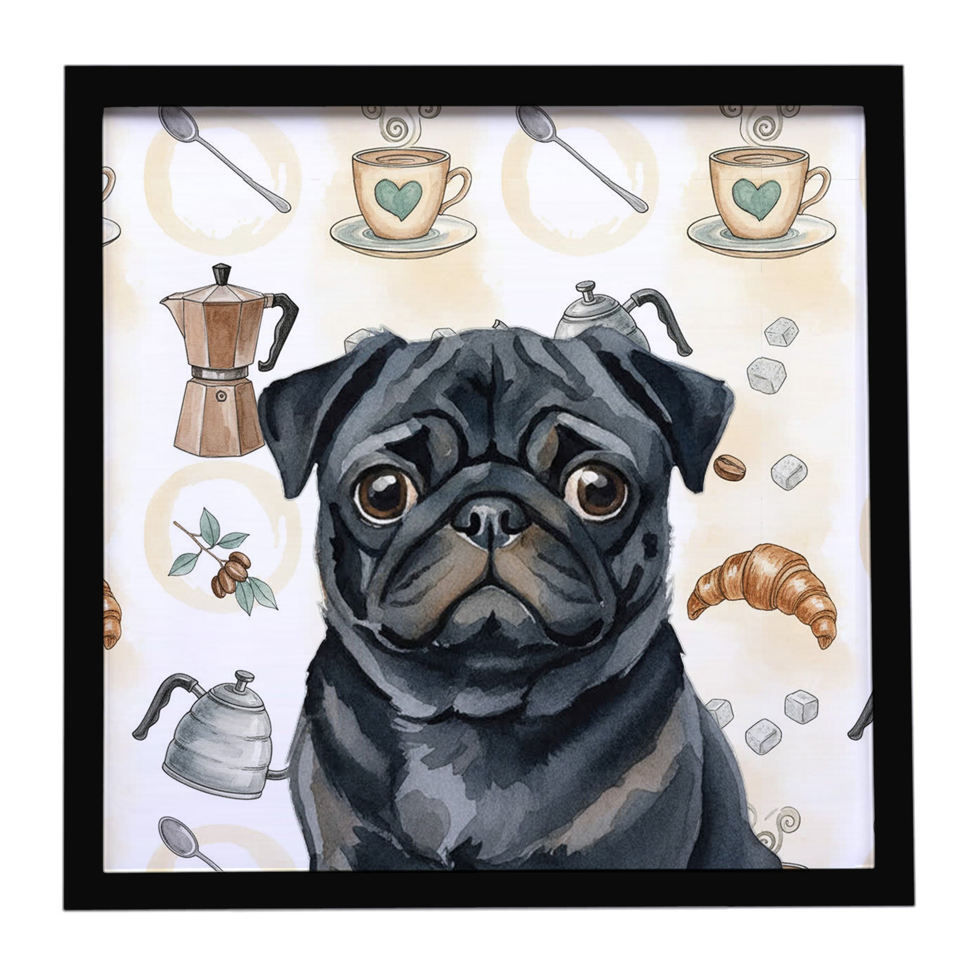 Black Pug Coffee Bar Framed Metal Print Bathroom, Kitchen, Office, Home Decor Wall Art Ready to Hang, Square, 8X8