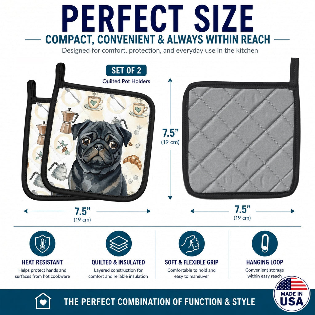 Black Pug Coffee Bar Pot Holder Set of 2 Heat Resistant Quilted Hot Pads 7.5 x 7.5 Inch, Insulated Kitchen Trivets for Cooking & Baking