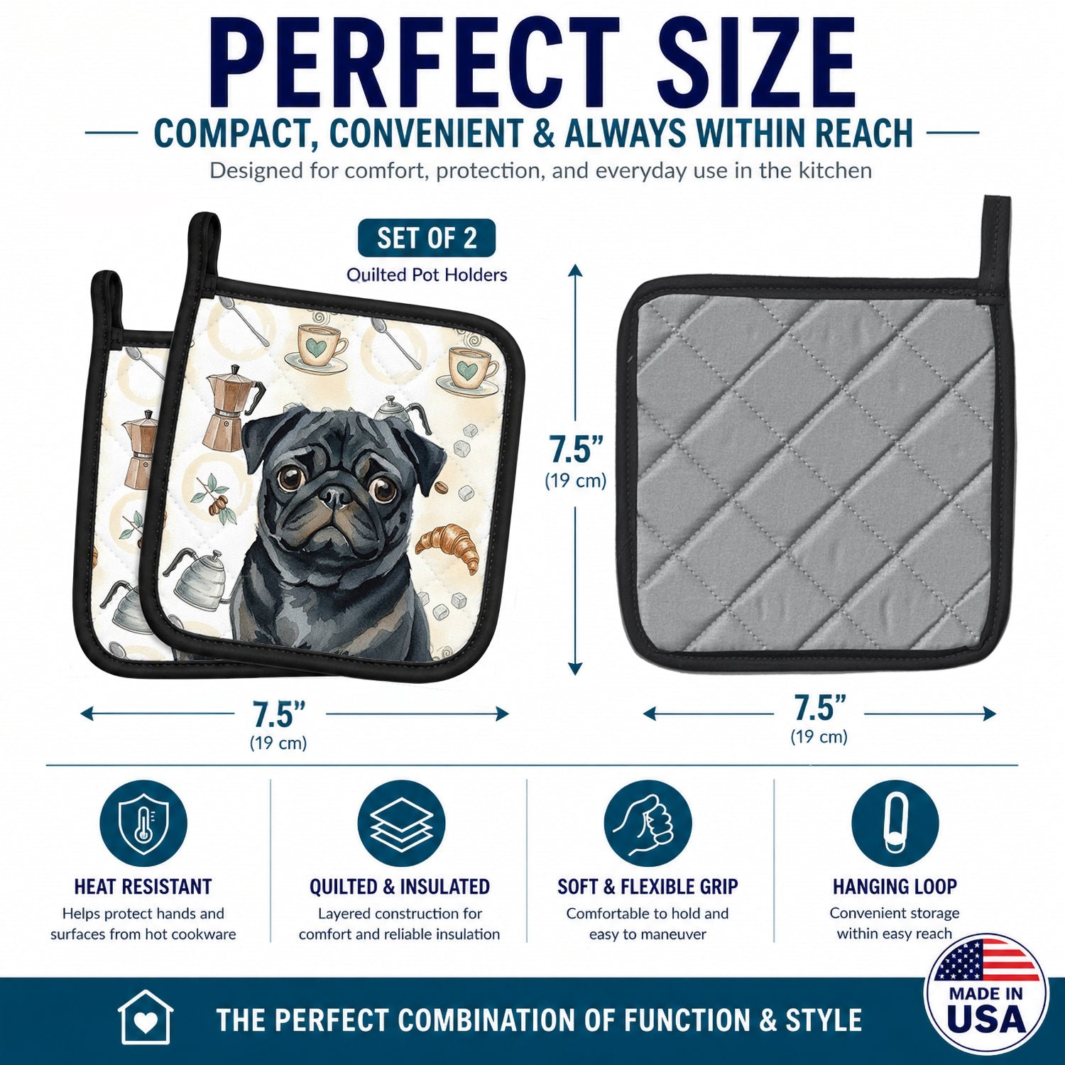 Black Pug Coffee Bar Pot Holder Set of 2 Heat Resistant Quilted Hot Pads 7.5 x 7.5 Inch, Insulated Kitchen Trivets for Cooking & Baking