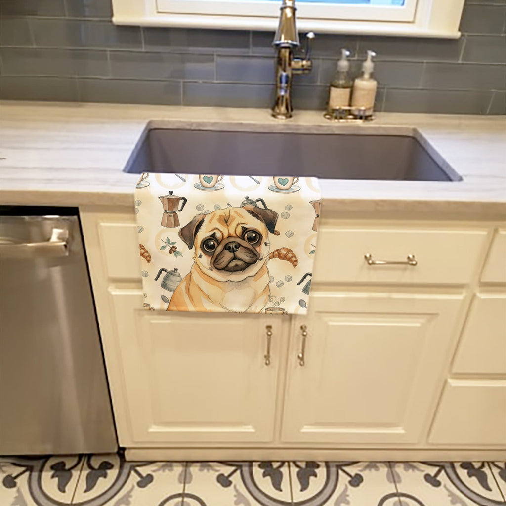Fawn Pug Coffee Bar Kitchen Towel Velour Plush Front and Cotton Loop Back Machine Washable
