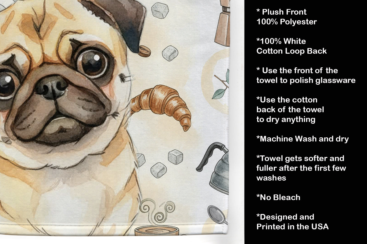 Fawn Pug Coffee Bar Kitchen Towel Velour Plush Front and Cotton Loop Back Machine Washable
