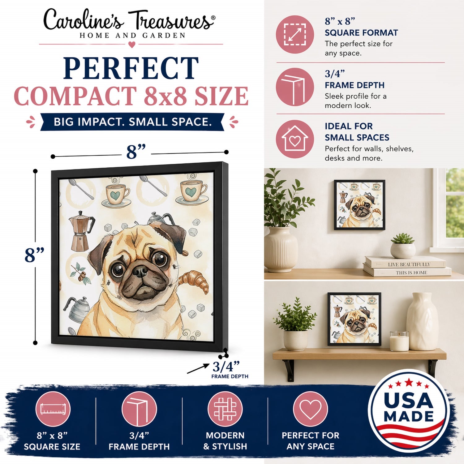 Fawn Pug Coffee Bar Framed Metal Print Bathroom, Kitchen, Office, Home Decor Wall Art Ready to Hang, Square, 8X8