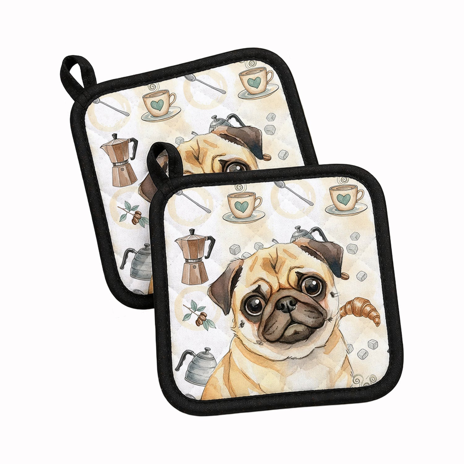 Fawn Pug Coffee Bar Pot Holder Set of 2 Heat Resistant Quilted Hot Pads 7.5 x 7.5 Inch, Insulated Kitchen Trivets for Cooking & Baking