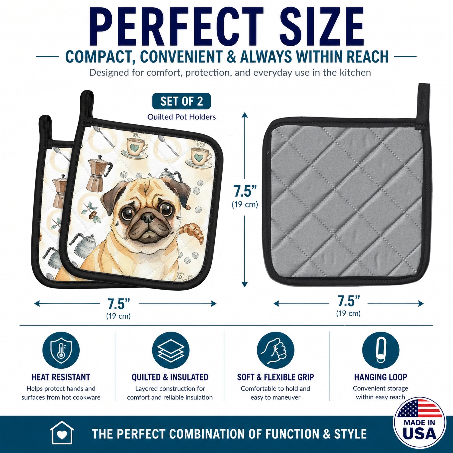 Fawn Pug Coffee Bar Pot Holder Set of 2 Heat Resistant Quilted Hot Pads 7.5 x 7.5 Inch, Insulated Kitchen Trivets for Cooking & Baking