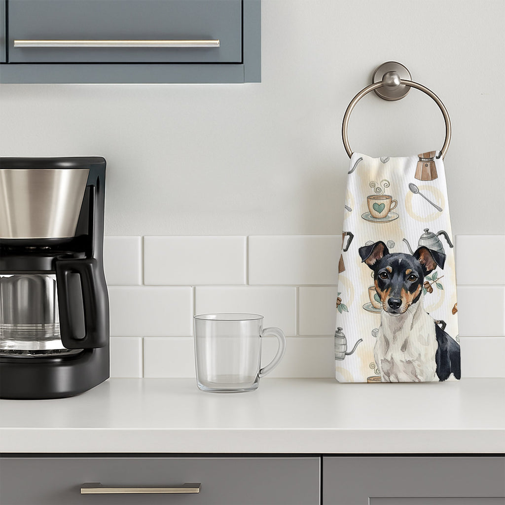 Black and White Rat Terrier Coffee Bar Kitchen Towel Velour Plush Front and Cotton Loop Back Machine Washable