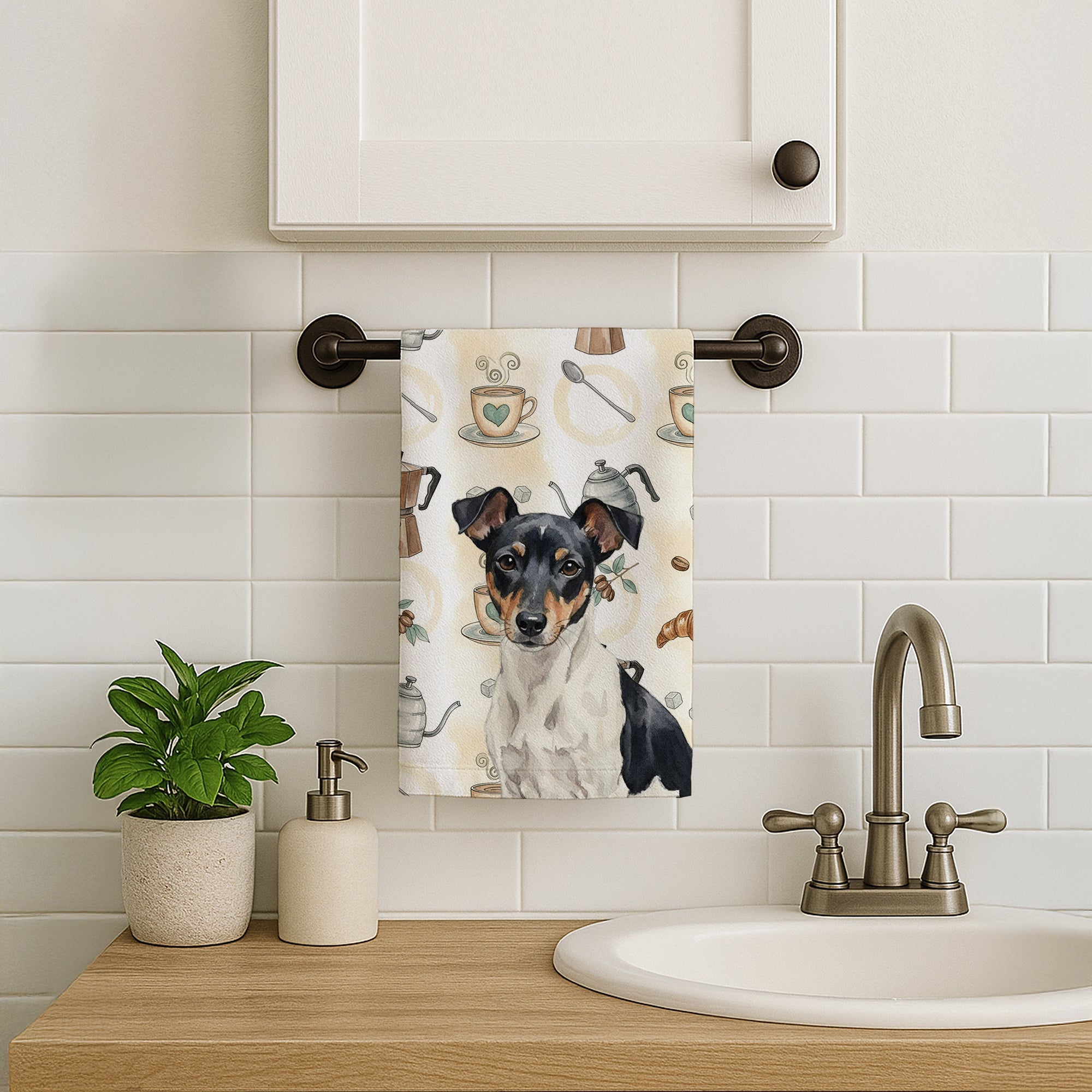 Black and White Rat Terrier Coffee Bar Kitchen Towel Velour Plush Front and Cotton Loop Back Machine Washable