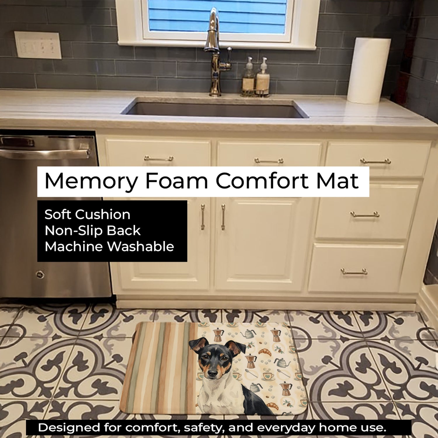 Black and White Rat Terrier Coffee Bar Memory Foam Kitchen Mat Machine Washable Anti-Fatigue Cushion Comfort Bath or Kitchen Rug