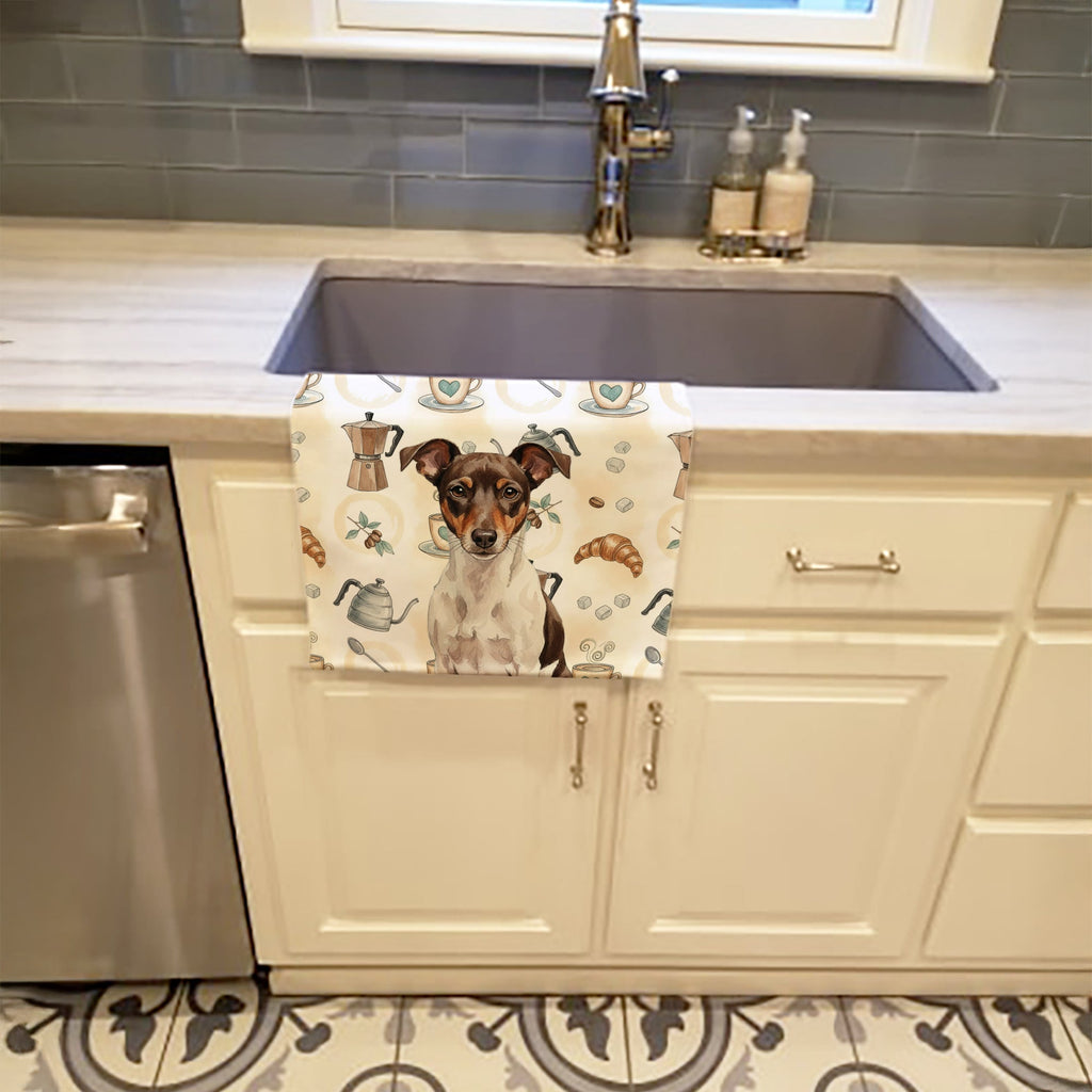 Chocolate and White Rat Terrier Coffee Bar Kitchen Towel Velour Plush Front and Cotton Loop Back Machine Washable