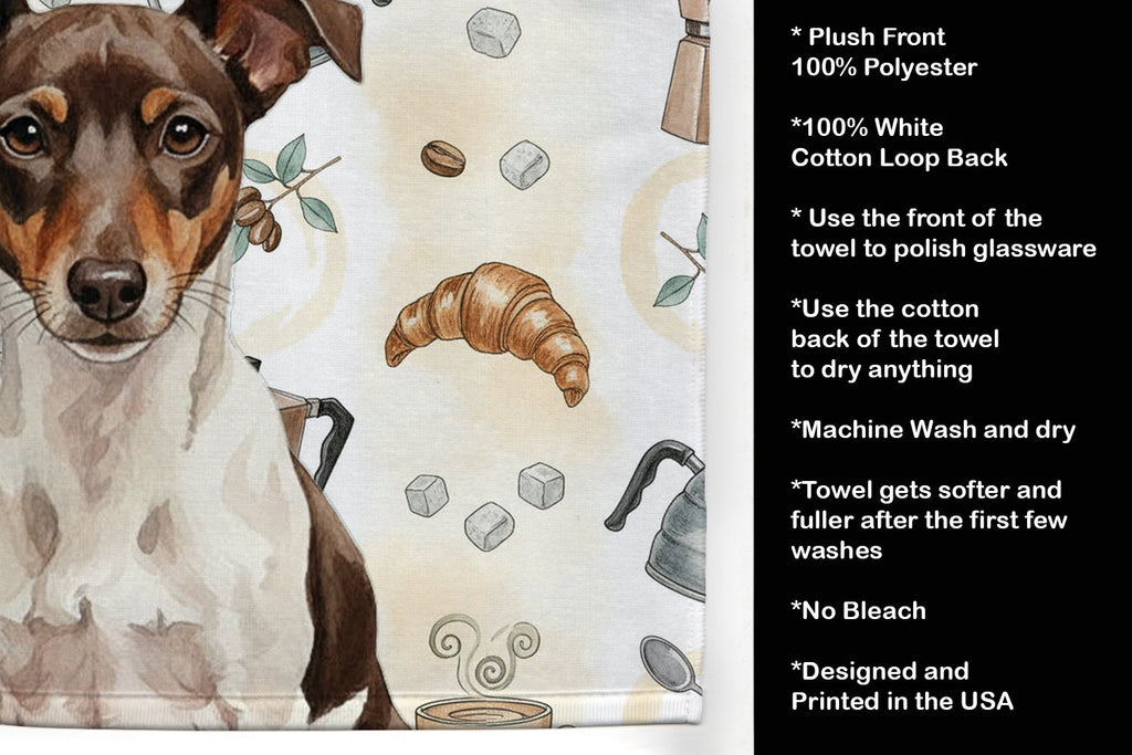 Chocolate and White Rat Terrier Coffee Bar Kitchen Towel Velour Plush Front and Cotton Loop Back Machine Washable