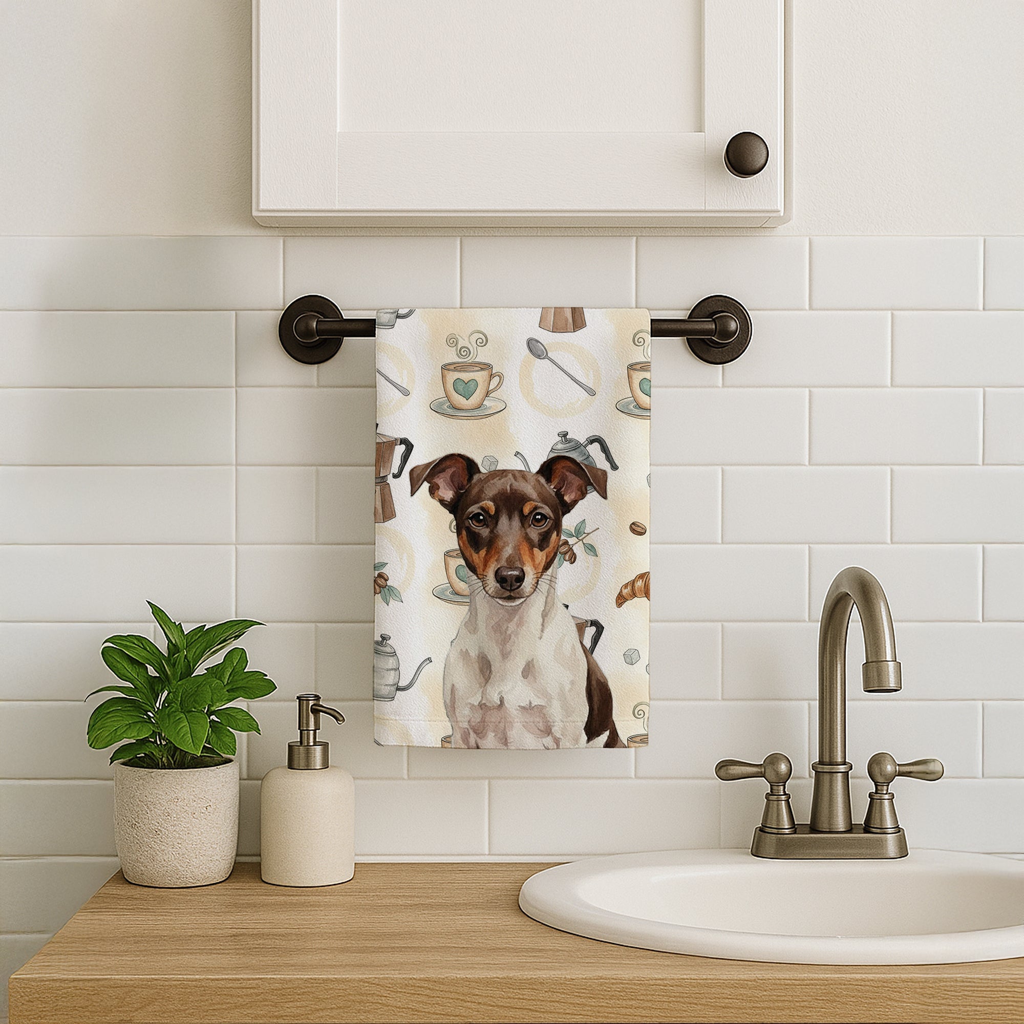 Chocolate and White Rat Terrier Coffee Bar Kitchen Towel Velour Plush Front and Cotton Loop Back Machine Washable
