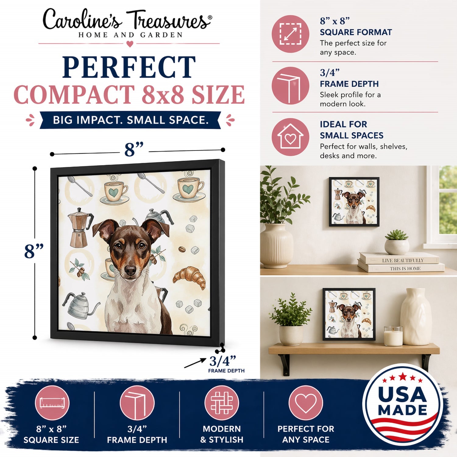 Chocolate and White Rat Terrier Coffee Bar Framed Metal Print Bathroom, Kitchen, Office, Home Decor Wall Art Ready to Hang, Square, 8X8