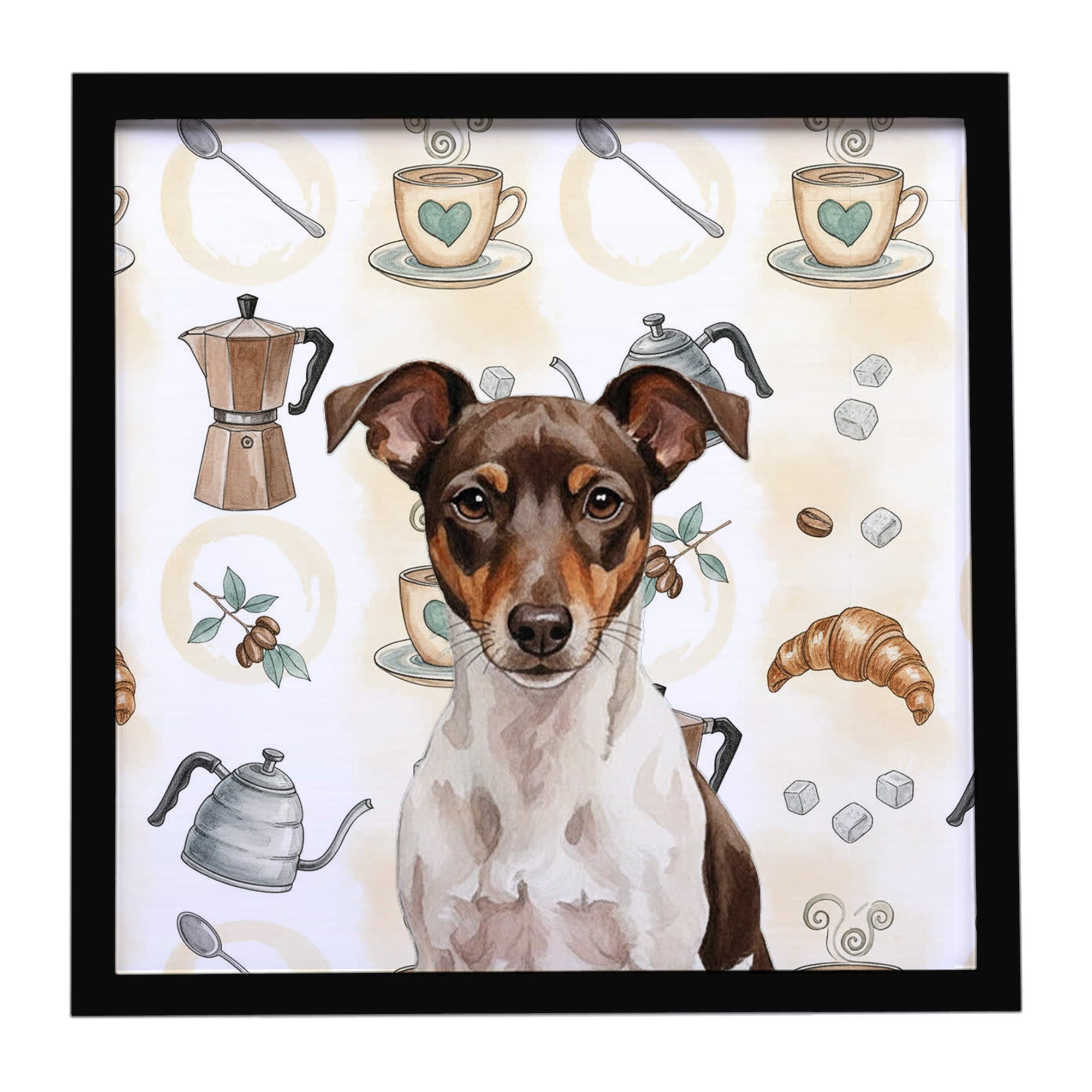 Chocolate and White Rat Terrier Coffee Bar Framed Metal Print Bathroom, Kitchen, Office, Home Decor Wall Art Ready to Hang, Square, 8X8