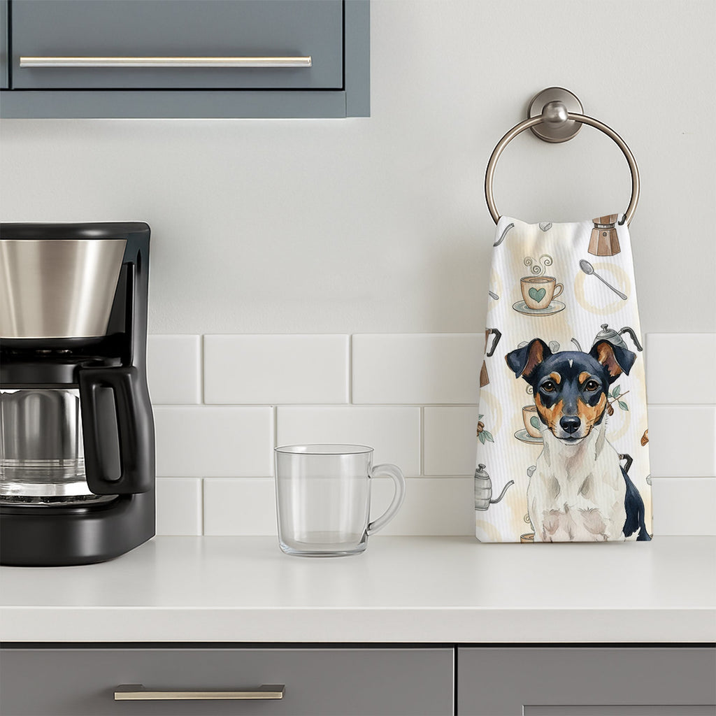 Tricolor Rat Terrier Coffee Bar Kitchen Towel Velour Plush Front and Cotton Loop Back Machine Washable