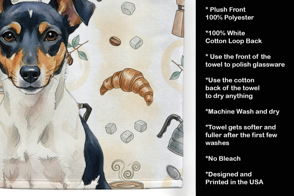 Tricolor Rat Terrier Coffee Bar Kitchen Towel Velour Plush Front and Cotton Loop Back Machine Washable