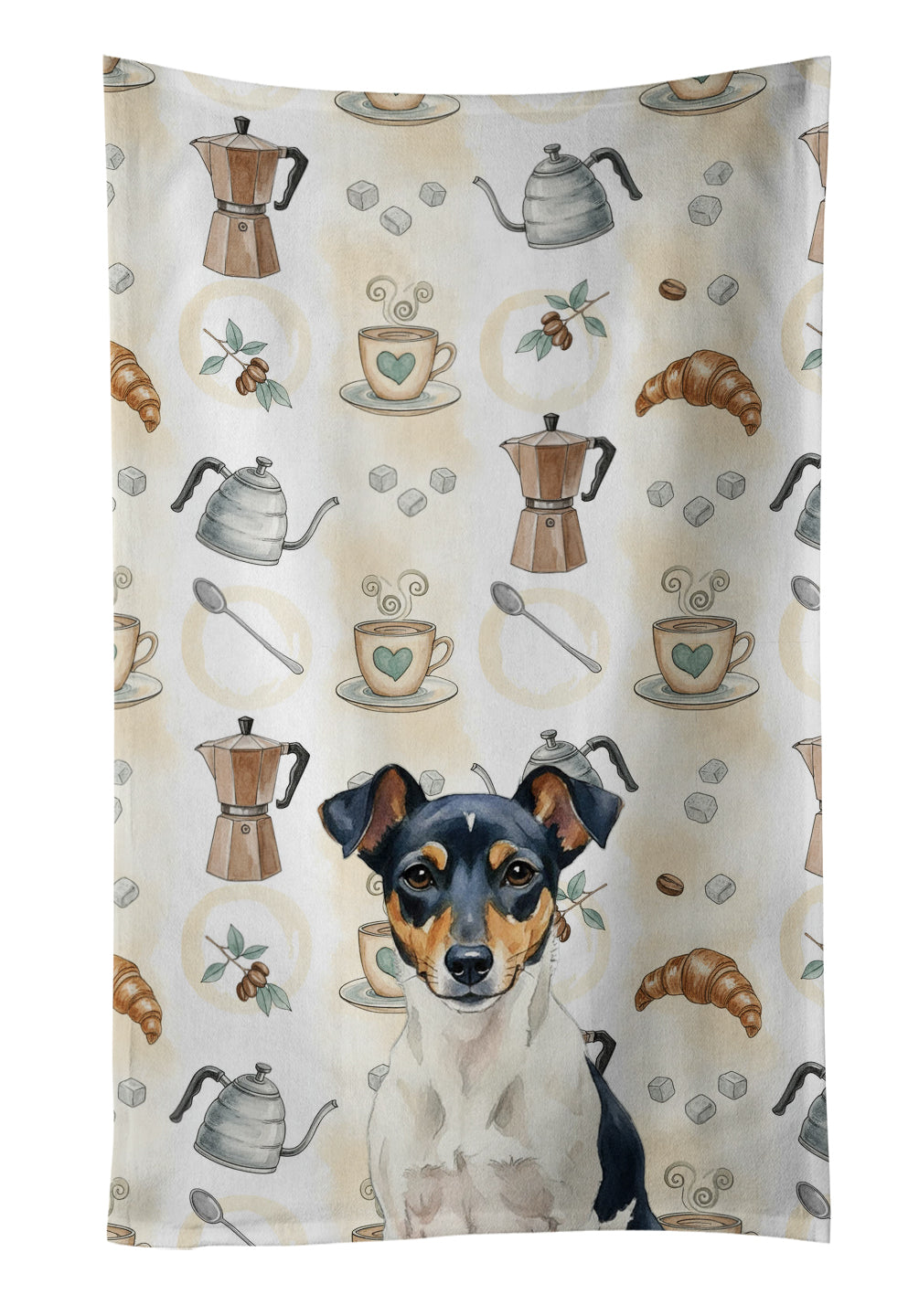 Tricolor Rat Terrier Coffee Bar Kitchen Towel Velour Plush Front and Cotton Loop Back Machine Washable
