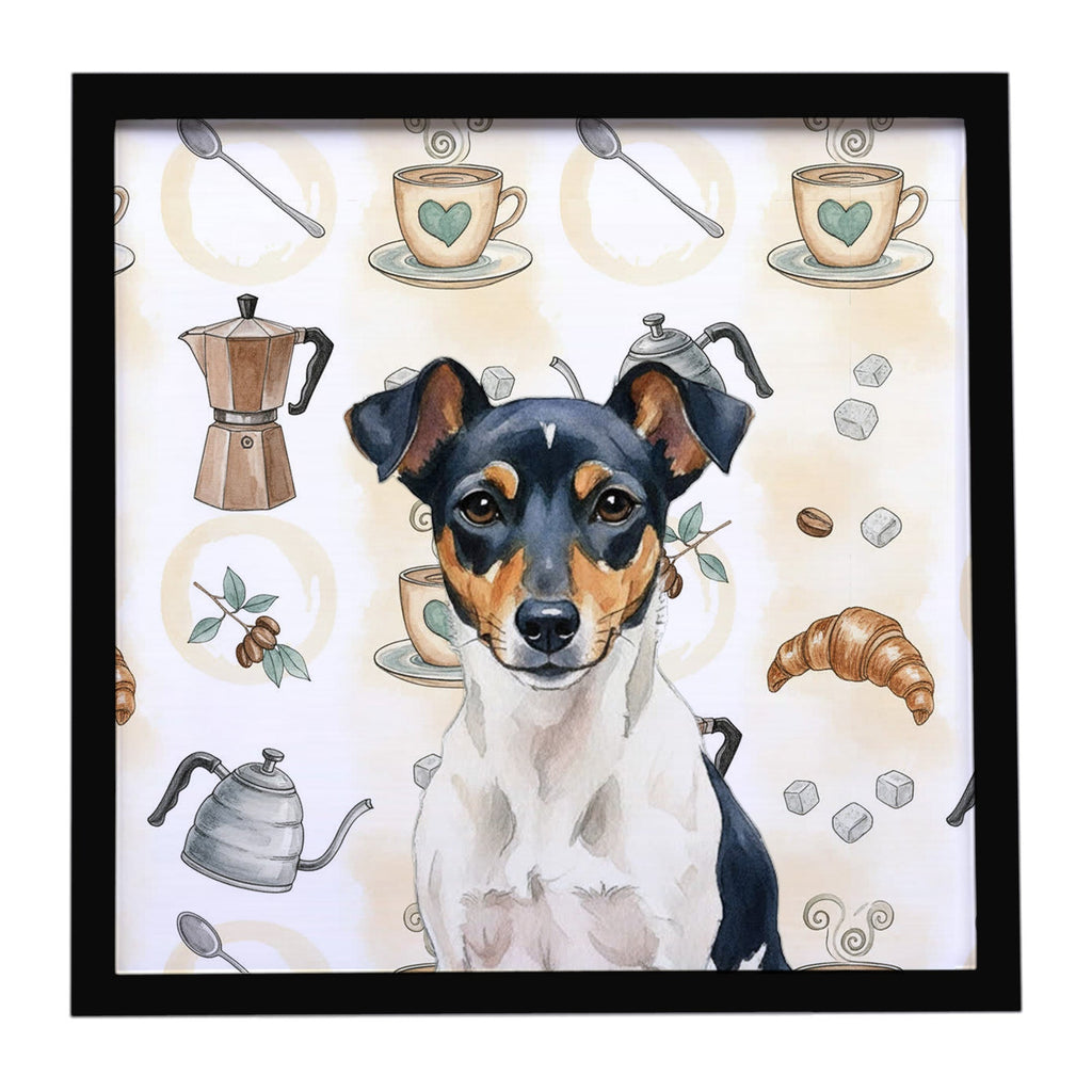 Tricolor Rat Terrier Coffee Bar Framed Metal Print Bathroom, Kitchen, Office, Home Decor Wall Art Ready to Hang, Square, 8X8