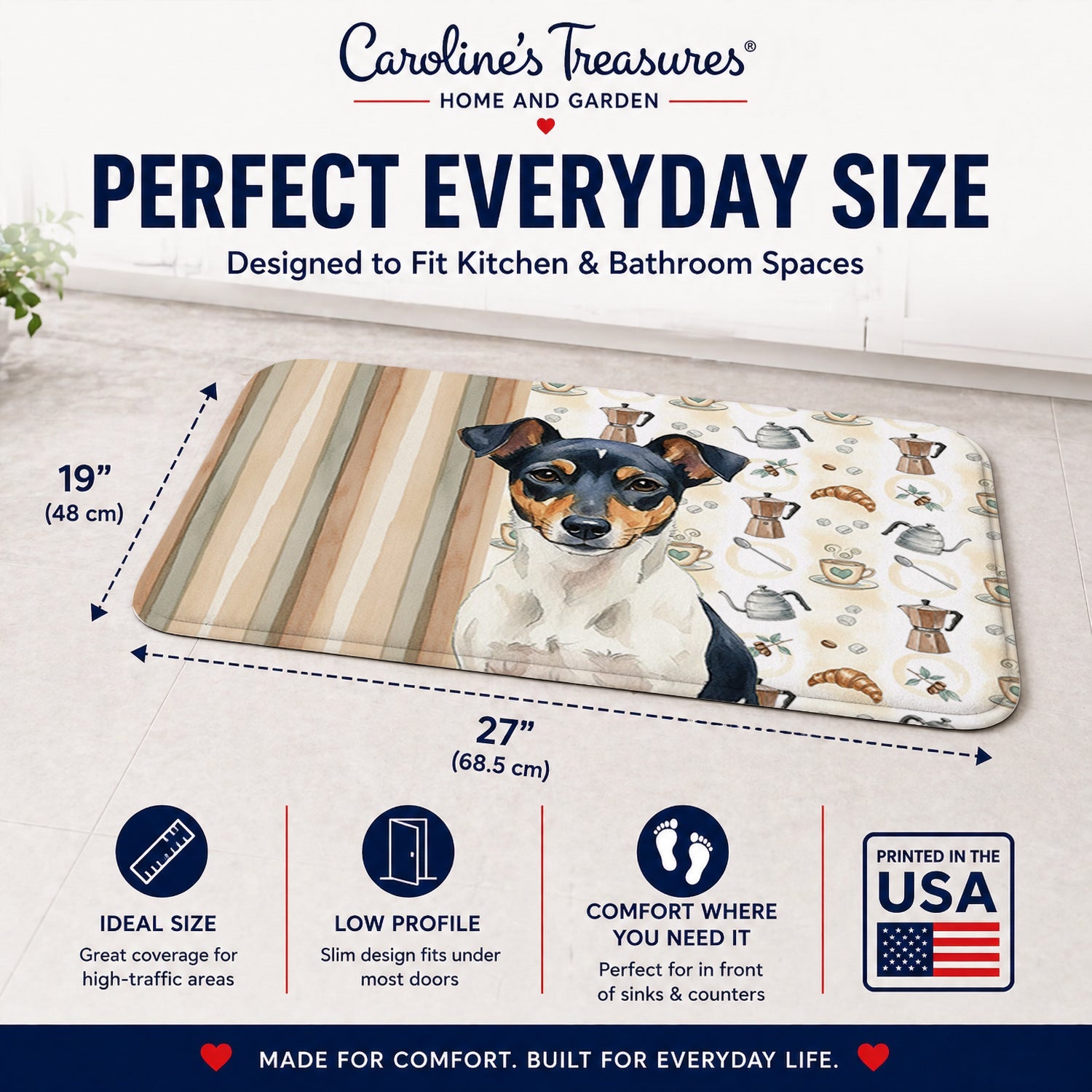 Tricolor Rat Terrier Coffee Bar Memory Foam Kitchen Mat Machine Washable Anti-Fatigue Cushion Comfort Bath or Kitchen Rug