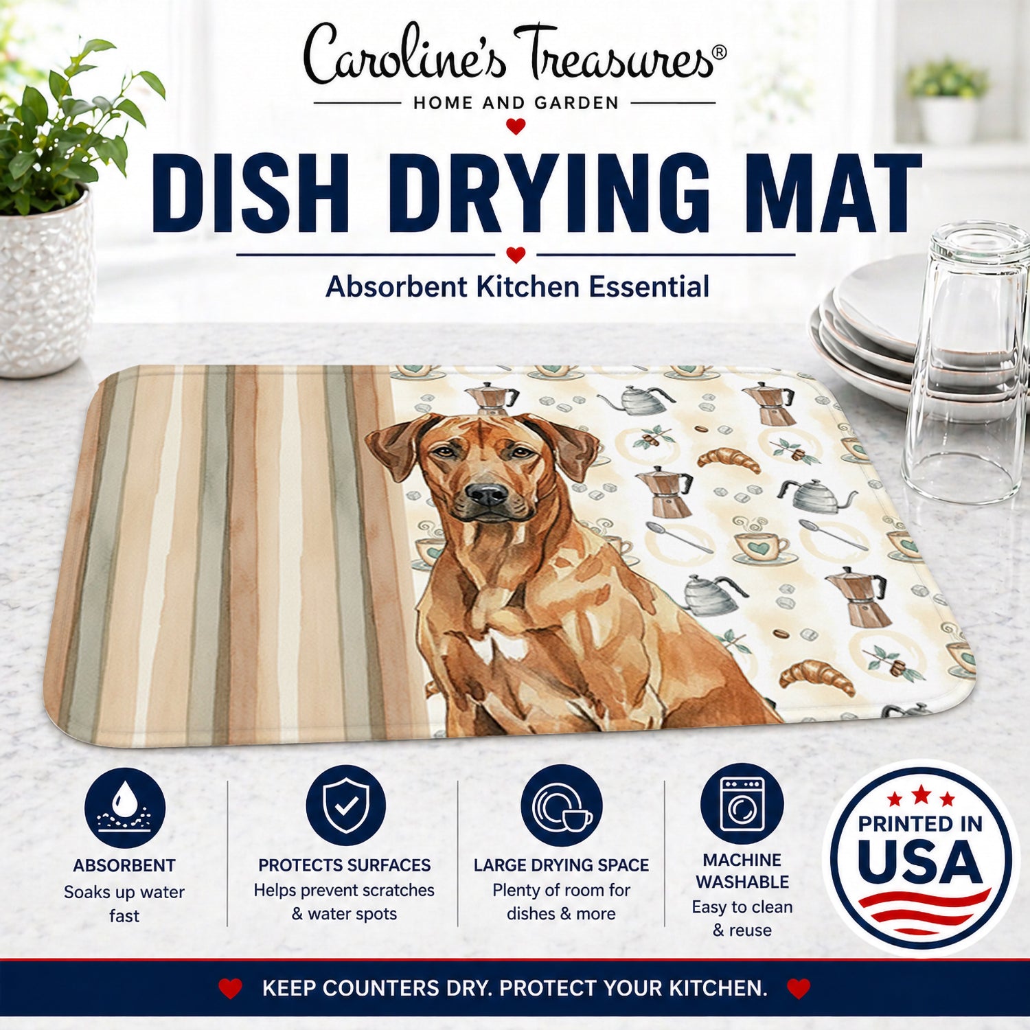 Rhodesian Ridgeback Coffee Bar Dish Drying Mat Absorbent Dish Drying Mat Pad for Kitchen Counter Dish Drainer Mat for Countertop, 14 x 21", Multicolor