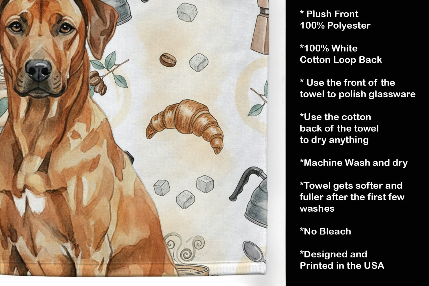 Rhodesian Ridgeback Coffee Bar Kitchen Towel Velour Plush Front and Cotton Loop Back Machine Washable