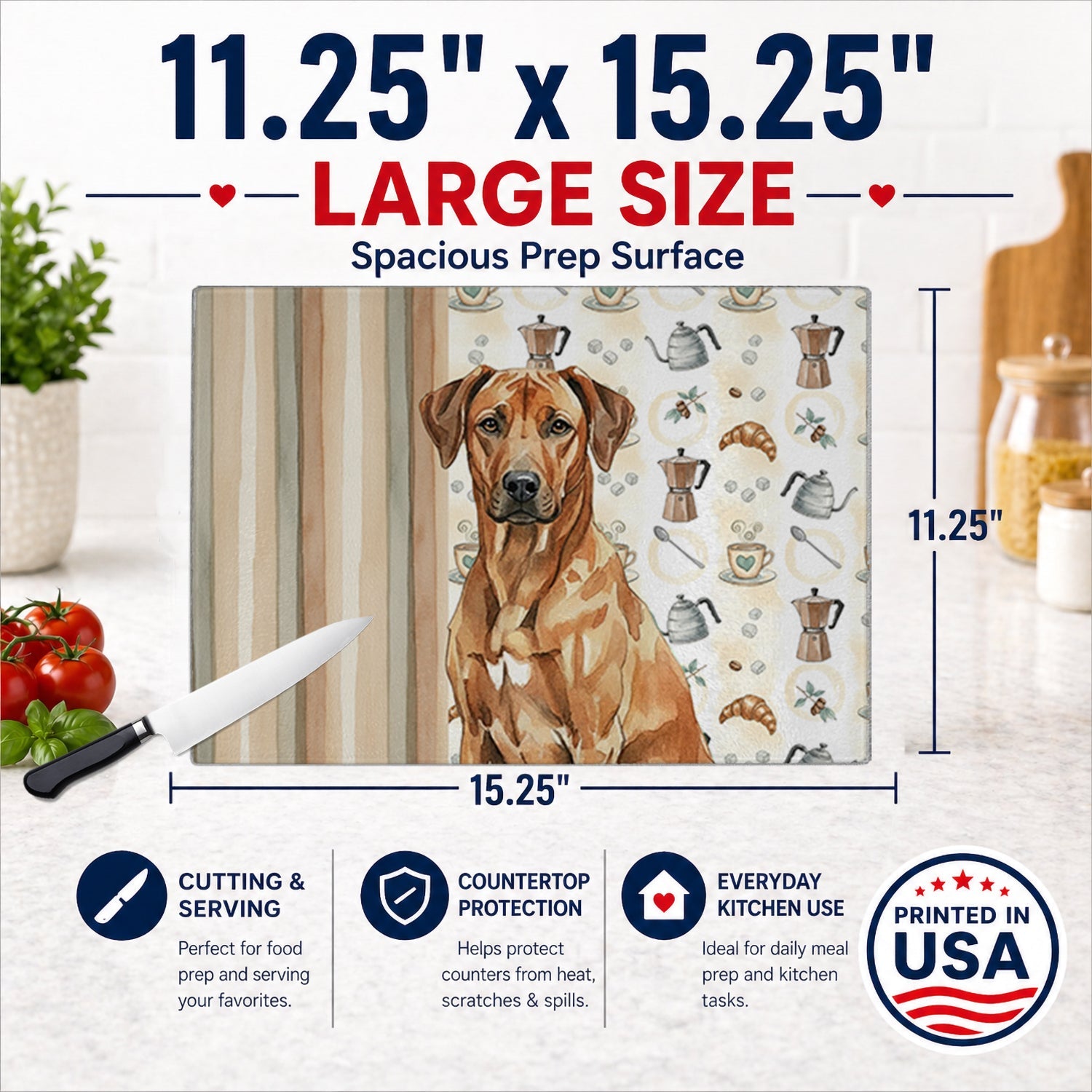 Rhodesian Ridgeback Coffee Bar Cutting Board Tempered Glass Kitchen Cutting Surface, Heat Resistant Chopping, Non-Slip Feet, Food Prep & Serving
