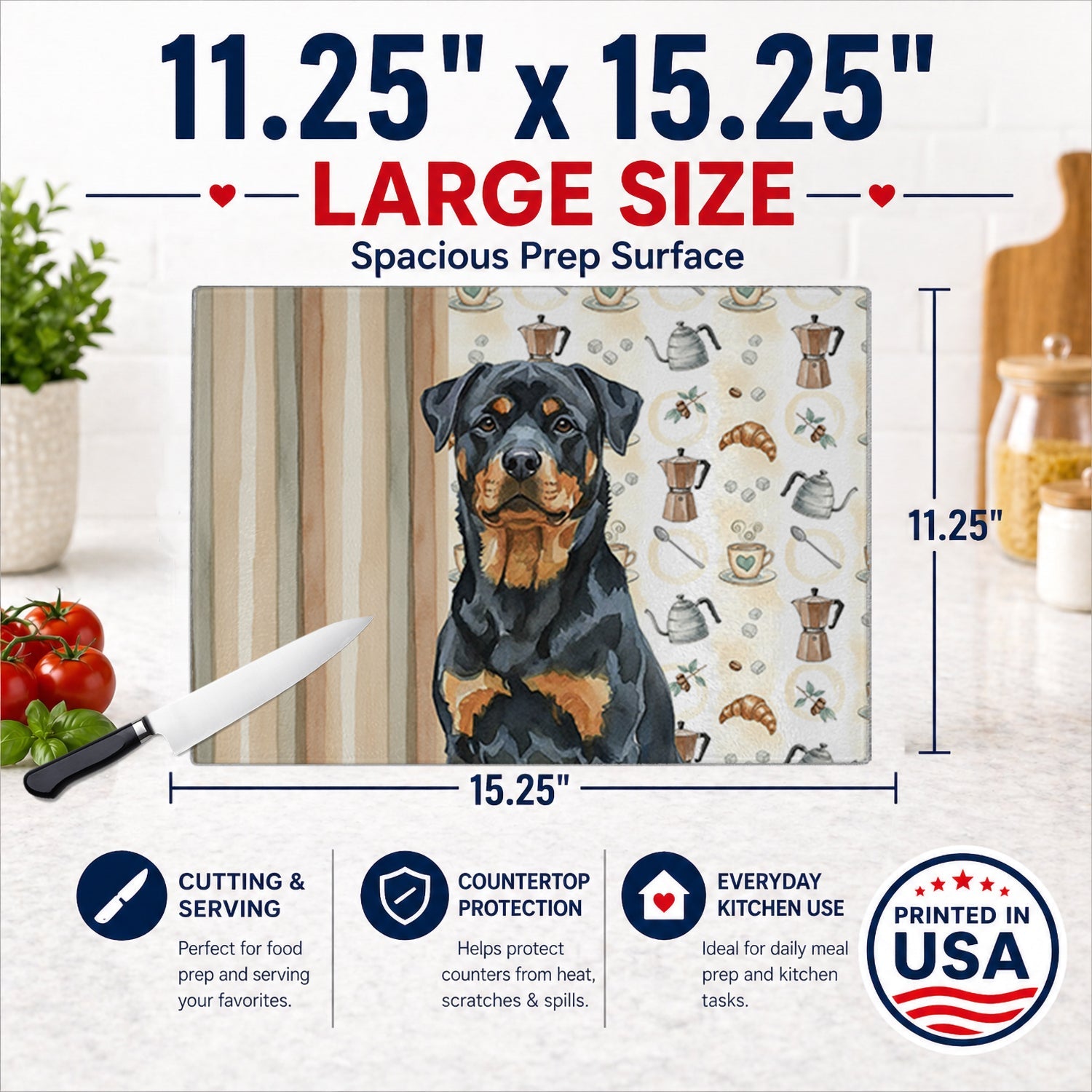 Rottweiler Coffee Bar Cutting Board Tempered Glass Kitchen Cutting Surface, Heat Resistant Chopping, Non-Slip Feet, Food Prep & Serving