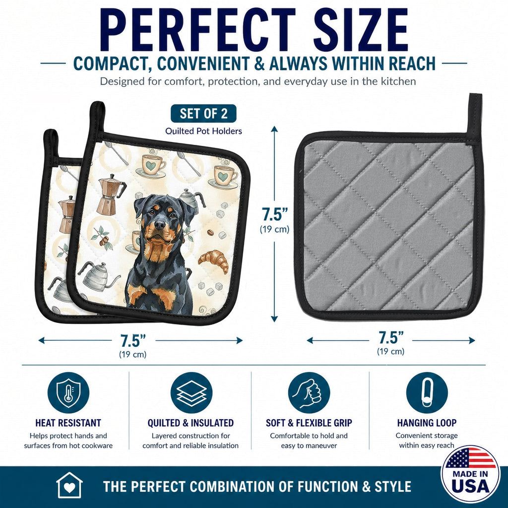 Rottweiler Coffee Bar Pot Holder Set of 2 Heat Resistant Quilted Hot Pads 7.5 x 7.5 Inch, Insulated Kitchen Trivets for Cooking & Baking