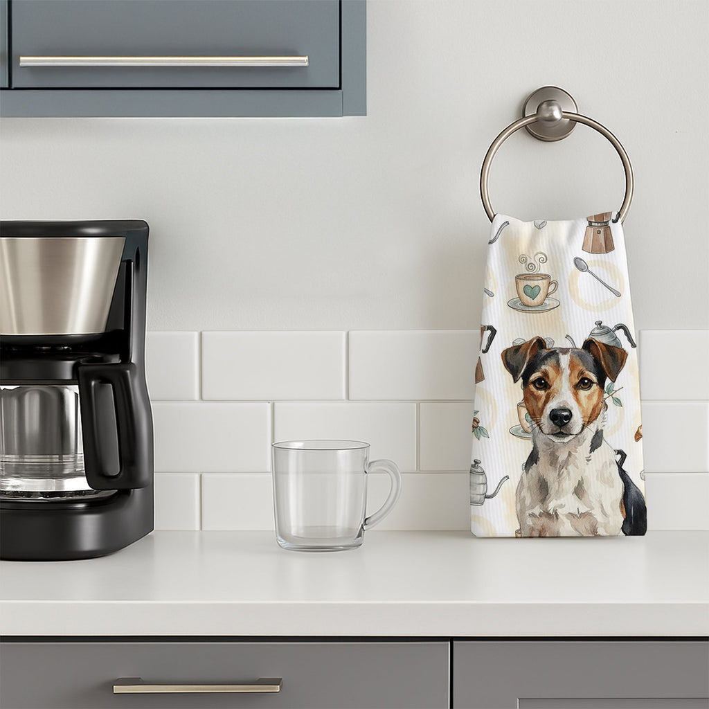 Tricolor Russell Terrier Coffee Bar Kitchen Towel Velour Plush Front and Cotton Loop Back Machine Washable