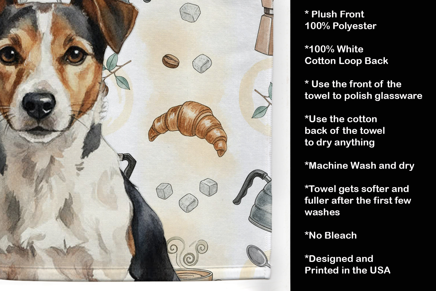 Tricolor Russell Terrier Coffee Bar Kitchen Towel Velour Plush Front and Cotton Loop Back Machine Washable