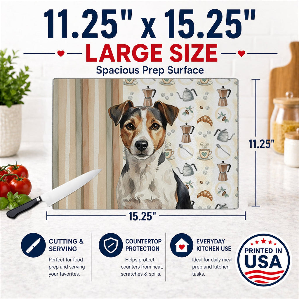 Tricolor Russell Terrier Coffee Bar Cutting Board Tempered Glass Kitchen Cutting Surface, Heat Resistant Chopping, Non-Slip Feet, Food Prep & Serving