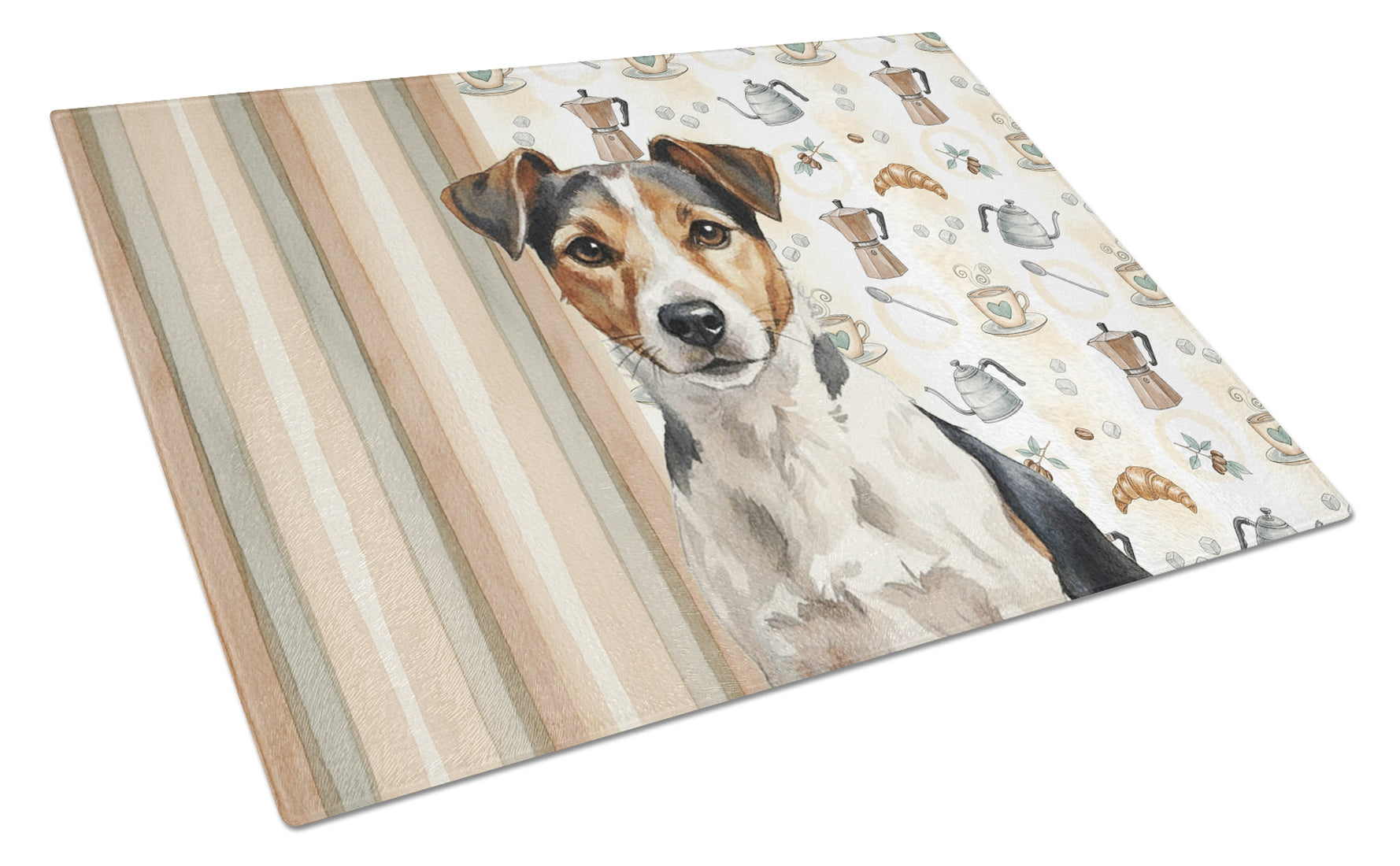 Tricolor Russell Terrier Coffee Bar Cutting Board Tempered Glass Kitchen Cutting Surface, Heat Resistant Chopping, Non-Slip Feet, Food Prep & Serving