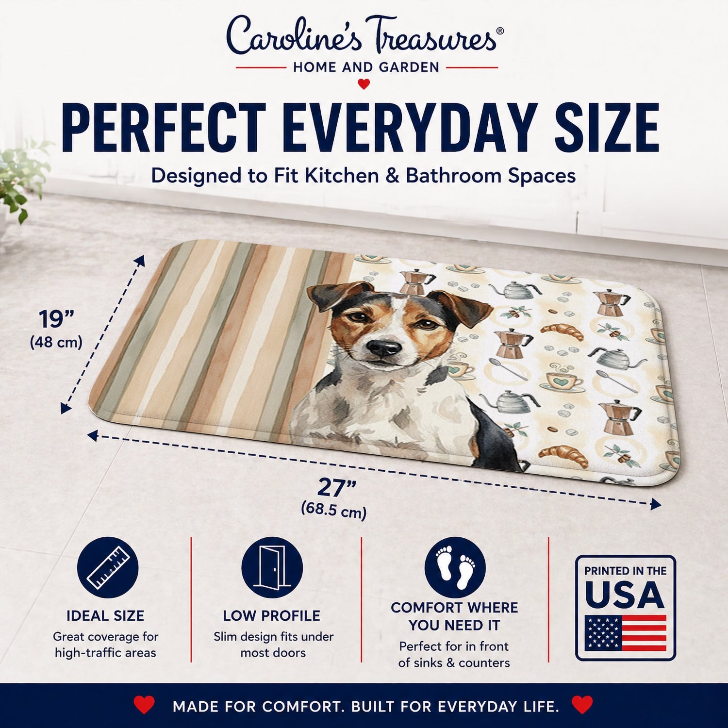 Tricolor Russell Terrier Coffee Bar Memory Foam Kitchen Mat Machine Washable Anti-Fatigue Cushion Comfort Bath or Kitchen Rug