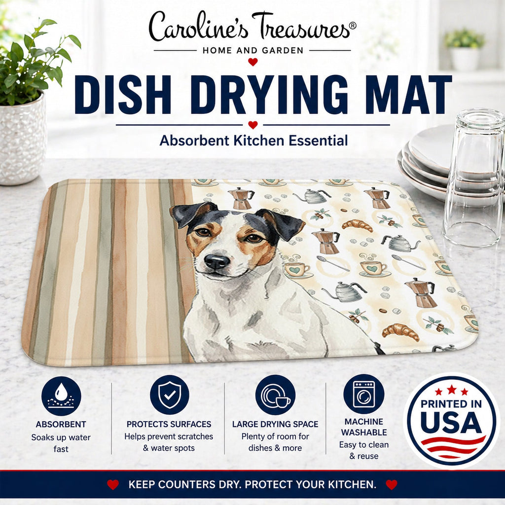 White with Black Markings Russell Terrier Coffee Bar Dish Drying Mat Absorbent Dish Drying Mat Pad for Kitchen Counter Dish Drainer Mat for Countertop, 14 x 21", Multicolor
