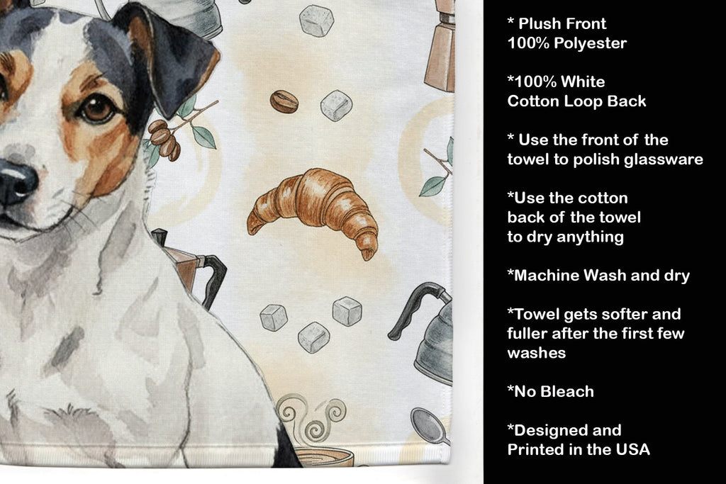 White with Black Markings Russell Terrier Coffee Bar Kitchen Towel Velour Plush Front and Cotton Loop Back Machine Washable