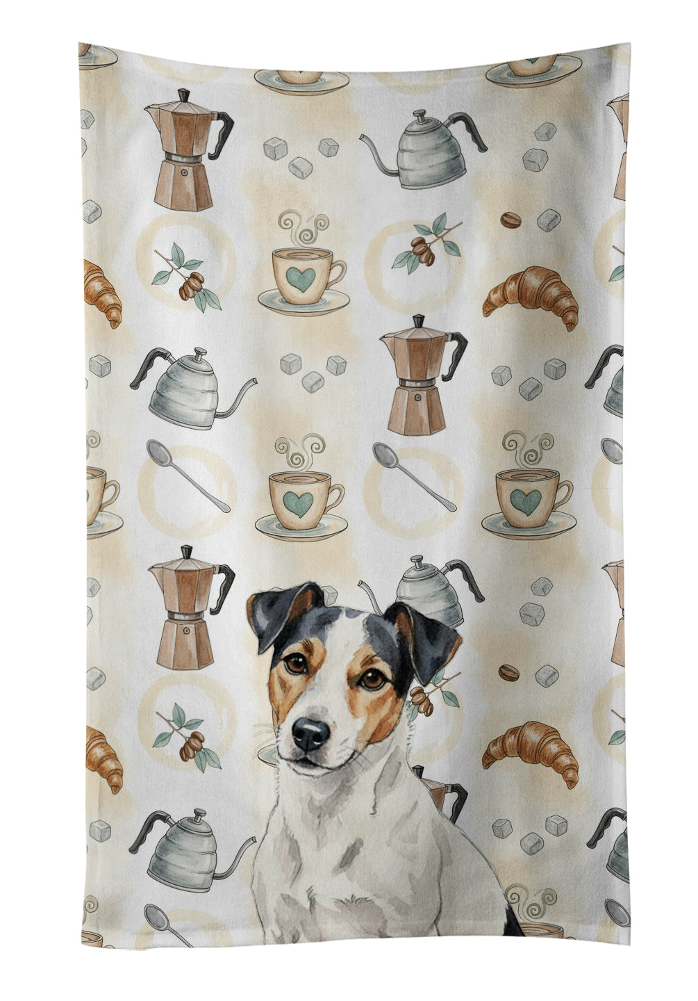 White with Black Markings Russell Terrier Coffee Bar Kitchen Towel Velour Plush Front and Cotton Loop Back Machine Washable
