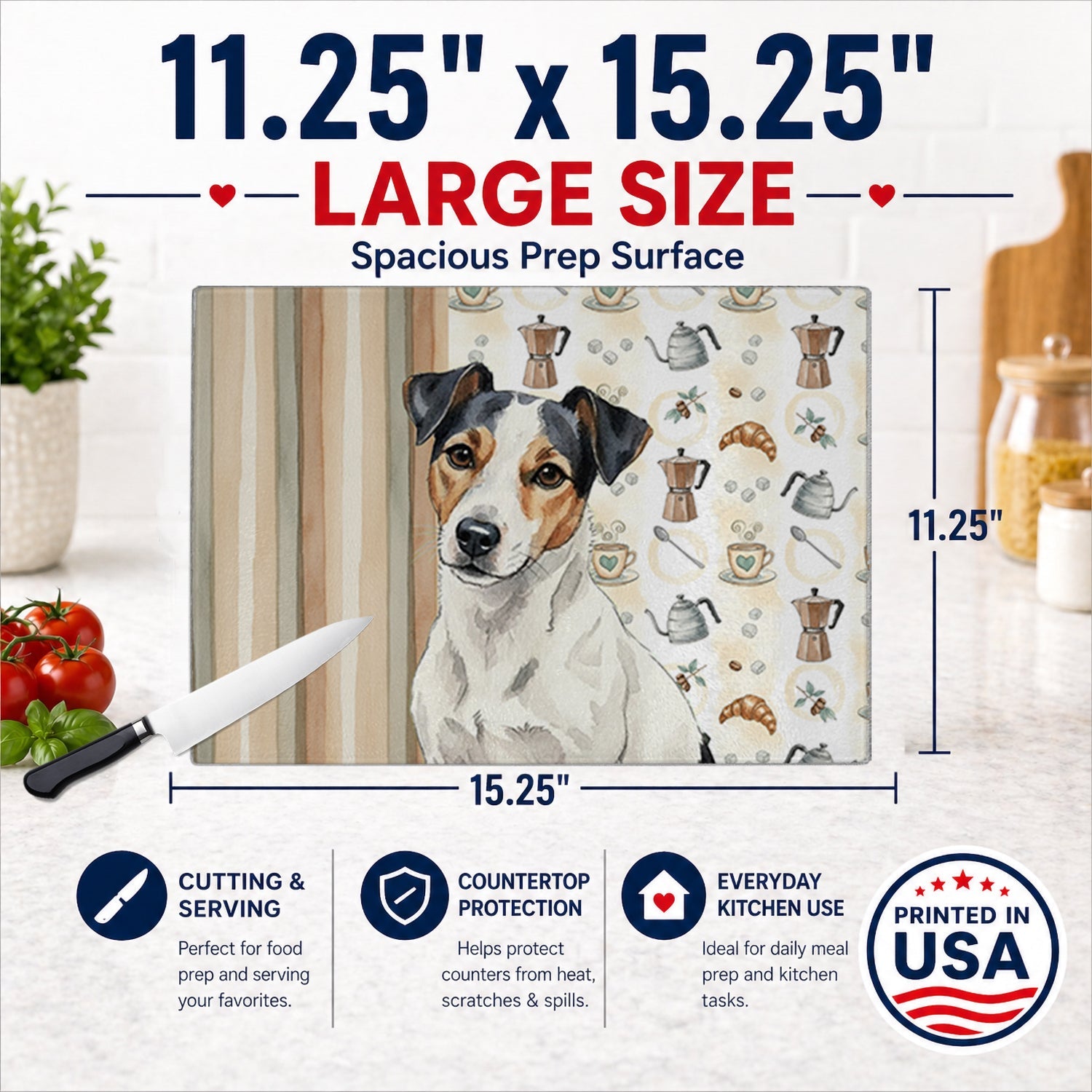 White with Black Markings Russell Terrier Coffee Bar Cutting Board Tempered Glass Kitchen Cutting Surface, Heat Resistant Chopping, Non-Slip Feet, Food Prep & Serving