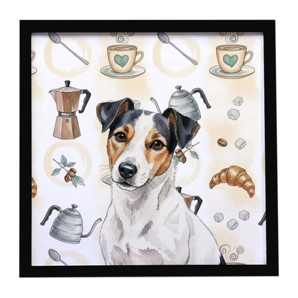 White with Black Markings Russell Terrier Coffee Bar Framed Metal Print Bathroom, Kitchen, Office, Home Decor Wall Art Ready to Hang, Square, 8X8